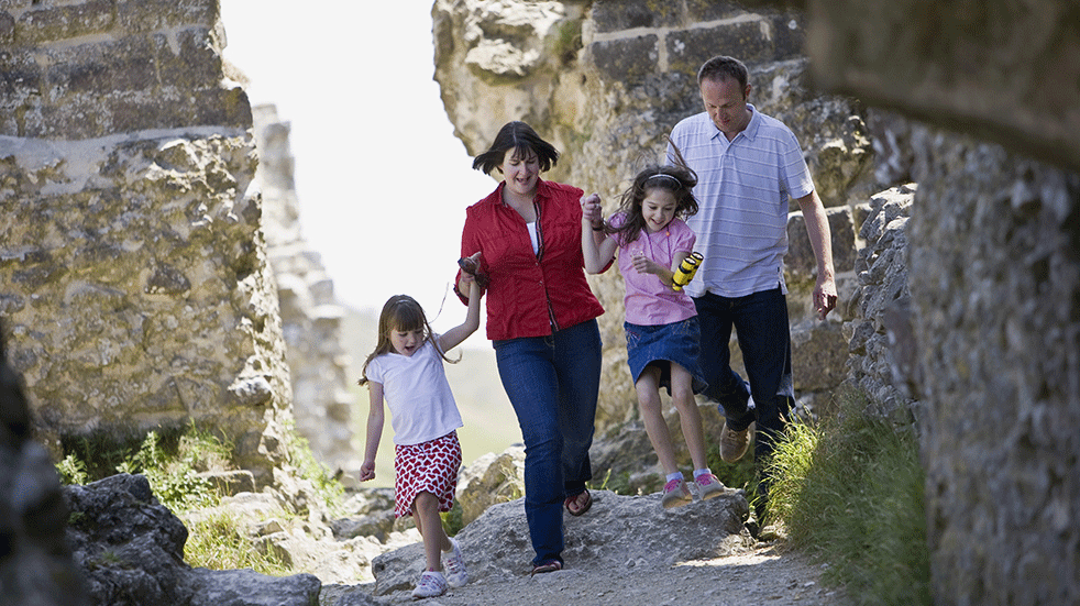 Family days out near Weymouth - family at Corfe Castle